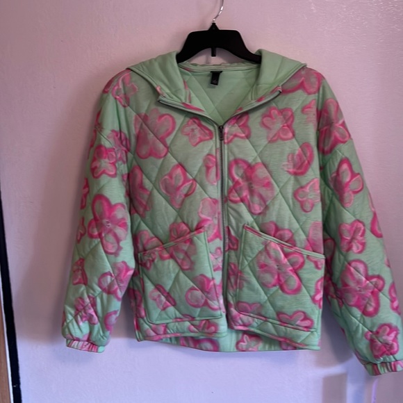 Wild Fable Green Pink Floral Hooded Quilted Jacket Full Zip Women’s Size Small. - Picture 1 of 5